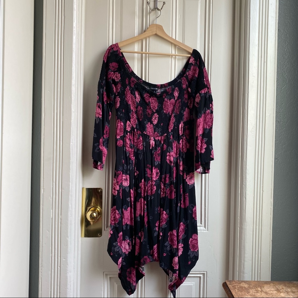 Torrid Pink and Black Floral Print Smocked Handkerchief Dress